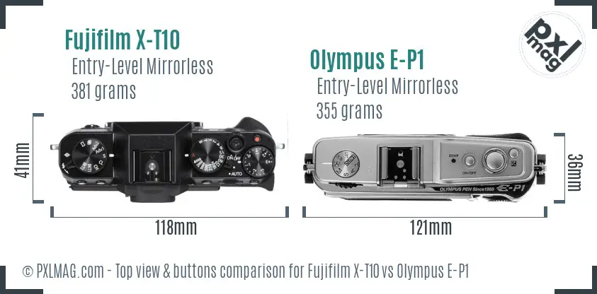 Fujifilm X-T10 vs Olympus E-P1 top view buttons comparison