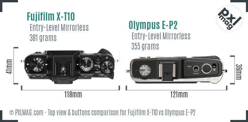 Fujifilm X-T10 vs Olympus E-P2 top view buttons comparison