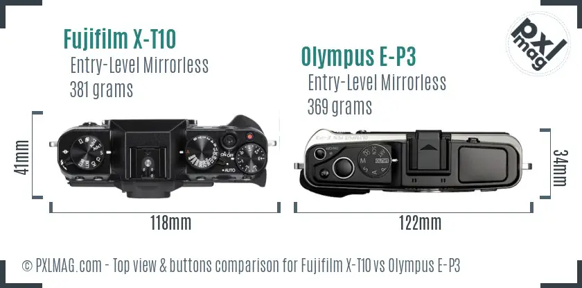 Fujifilm X-T10 vs Olympus E-P3 top view buttons comparison