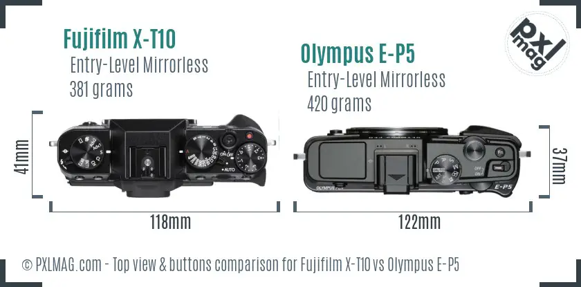 Fujifilm X-T10 vs Olympus E-P5 top view buttons comparison