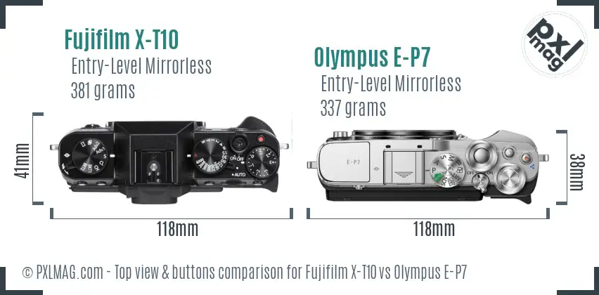 Fujifilm X-T10 vs Olympus E-P7 top view buttons comparison Fujifilm X-T10 vs Olympus E-P7 top view buttons comparison