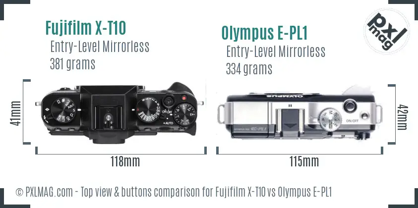 Fujifilm X-T10 vs Olympus E-PL1 top view buttons comparison Fujifilm X-T10 vs Olympus E-PL1 top view buttons comparison
