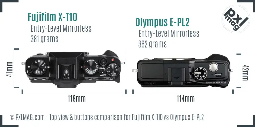 Fujifilm X-T10 vs Olympus E-PL2 top view buttons comparison