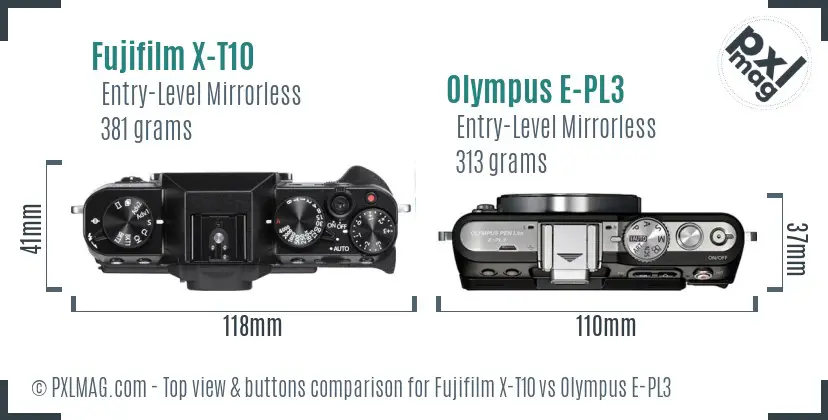 Fujifilm X-T10 vs Olympus E-PL3 top view buttons comparison
