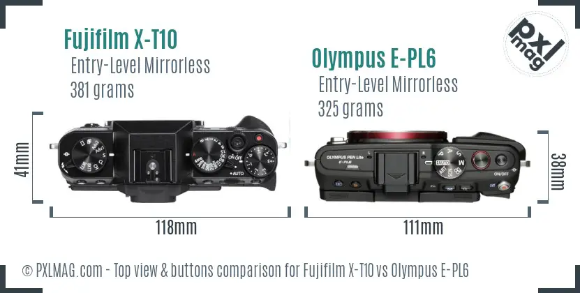 Fujifilm X-T10 vs Olympus E-PL6 top view buttons comparison