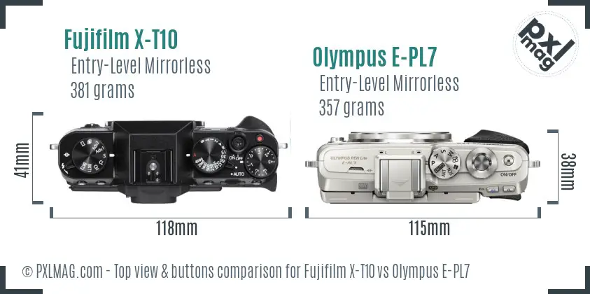 Fujifilm X-T10 vs Olympus E-PL7 top view buttons comparison