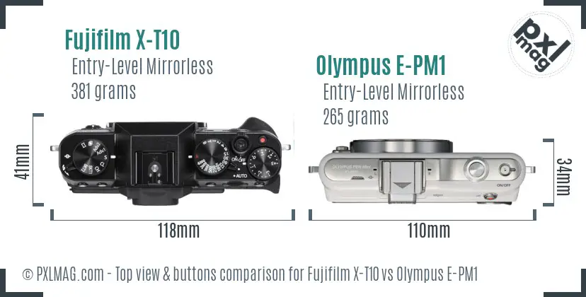 Fujifilm X-T10 vs Olympus E-PM1 top view buttons comparison