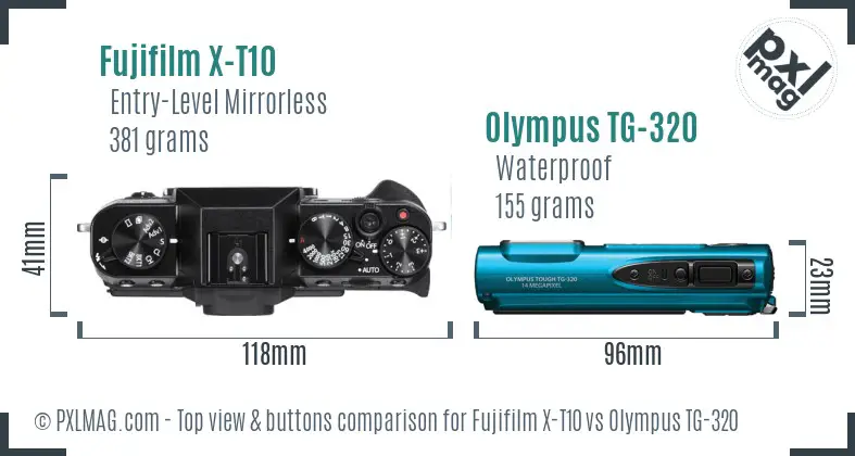 Fujifilm X-T10 vs Olympus TG-320 top view buttons comparison