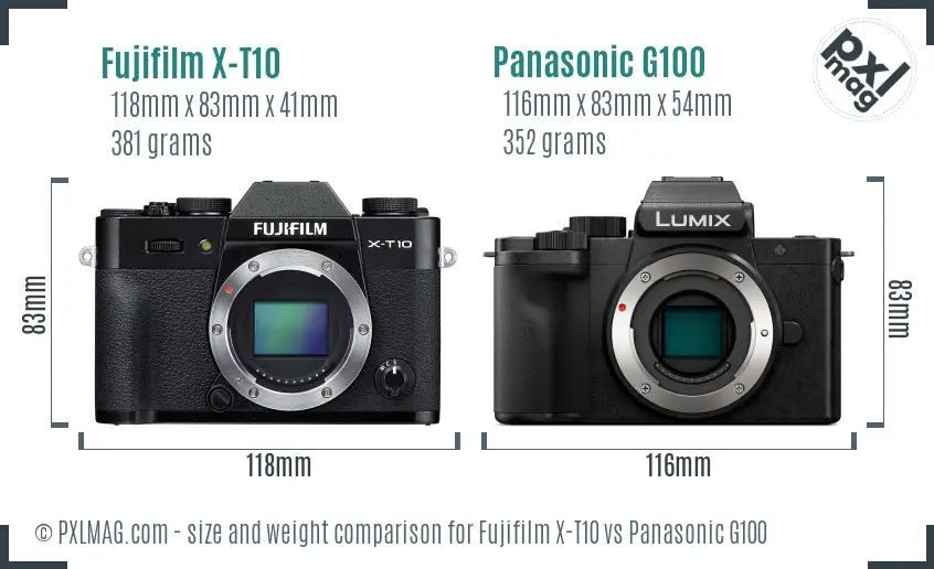 Fujifilm X-T10 vs Panasonic G100 size comparison