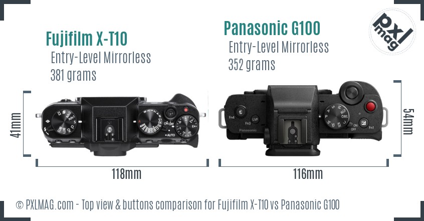 Fujifilm X-T10 vs Panasonic G100 top view buttons comparison