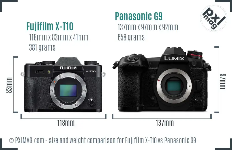 Fujifilm X-T10 vs Panasonic G9 size comparison