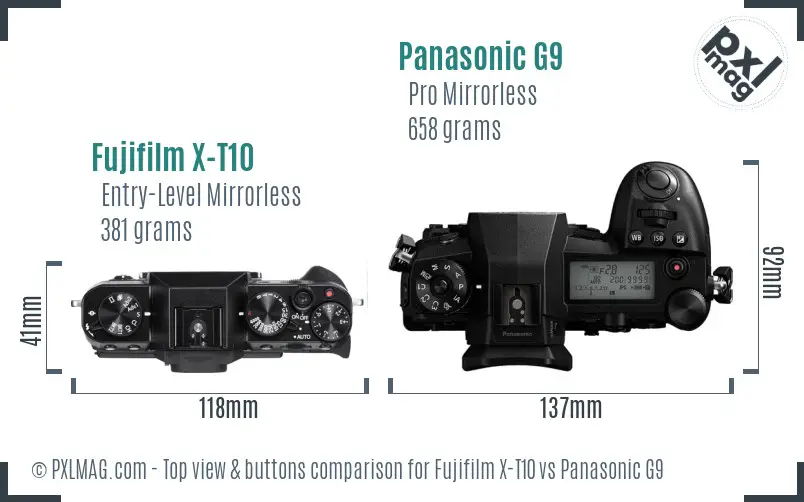 Fujifilm X-T10 vs Panasonic G9 top view buttons comparison