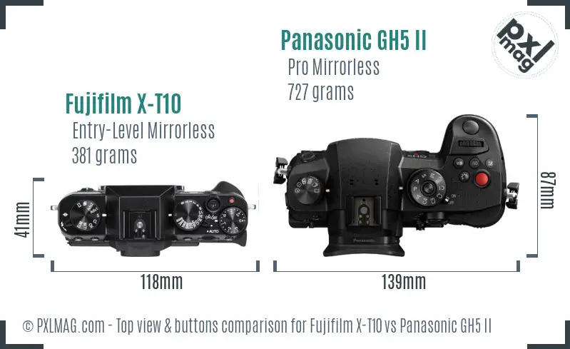 Fujifilm X-T10 vs Panasonic GH5 II top view buttons comparison