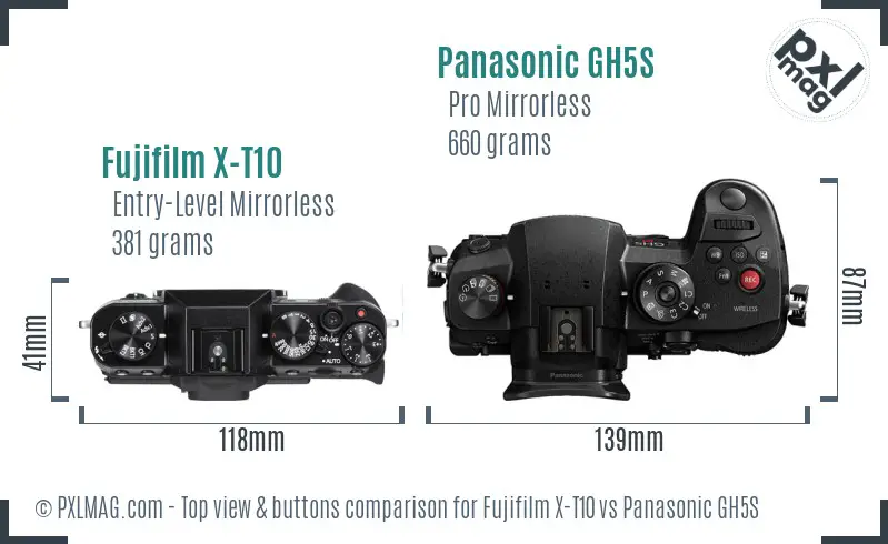 Fujifilm X-T10 vs Panasonic GH5S top view buttons comparison