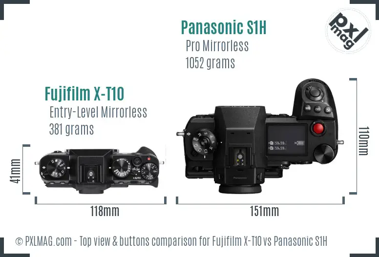 Fujifilm X-T10 vs Panasonic S1H top view buttons comparison Fujifilm X-T10 vs Panasonic S1H top view buttons comparison