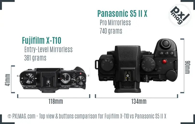 Fujifilm X-T10 vs Panasonic S5 II X top view buttons comparison