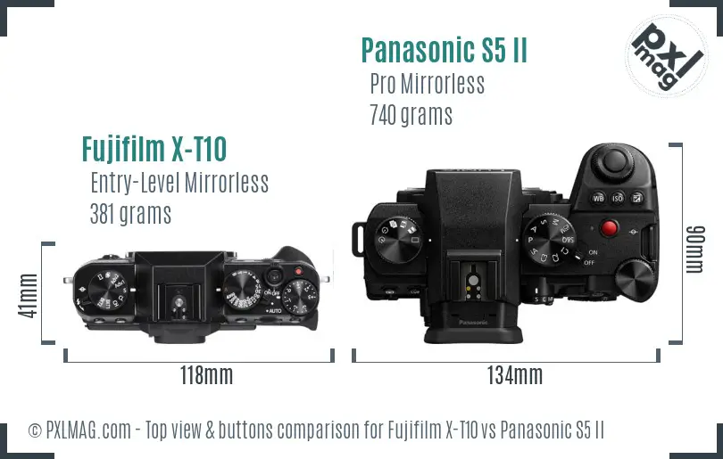 Fujifilm X-T10 vs Panasonic S5 II top view buttons comparison