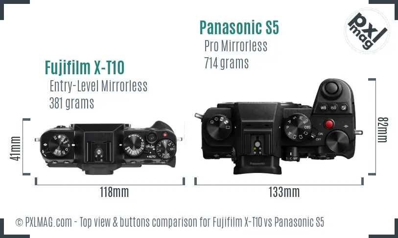 Fujifilm X-T10 vs Panasonic S5 top view buttons comparison