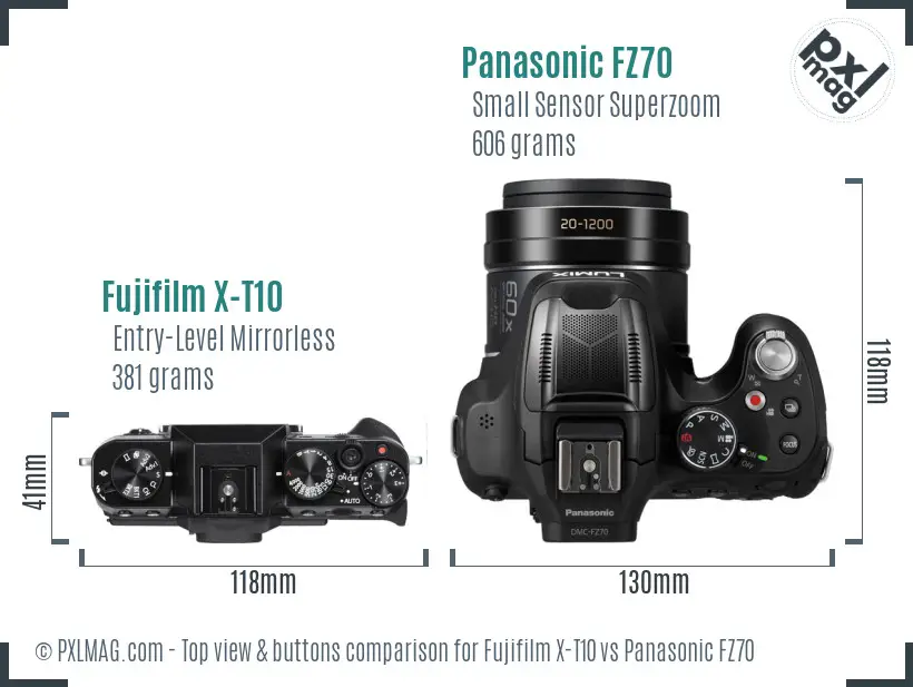 Fujifilm X-T10 vs Panasonic FZ70 top view buttons comparison