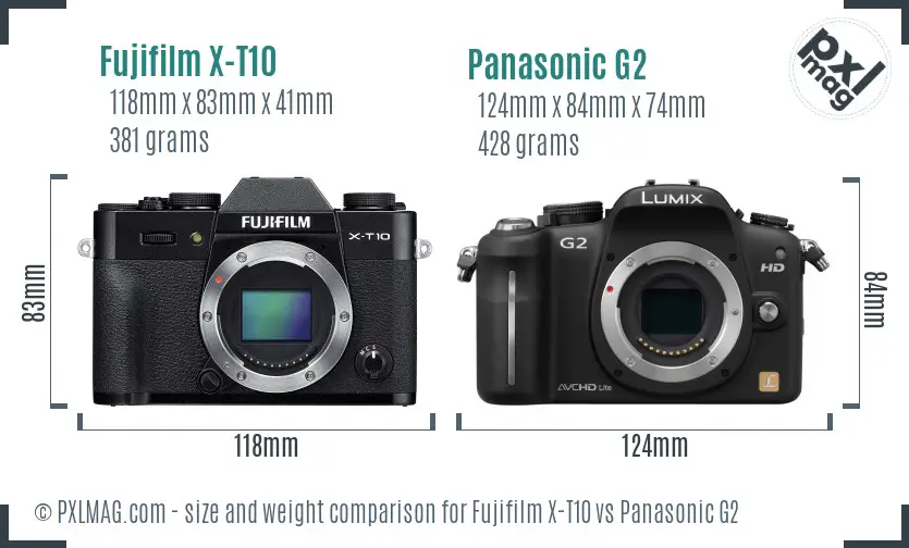 Fujifilm X-T10 vs Panasonic G2 size comparison