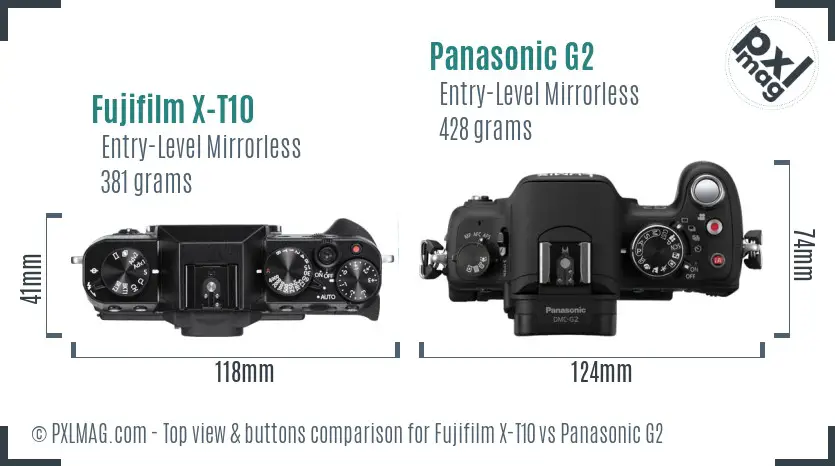 Fujifilm X-T10 vs Panasonic G2 top view buttons comparison