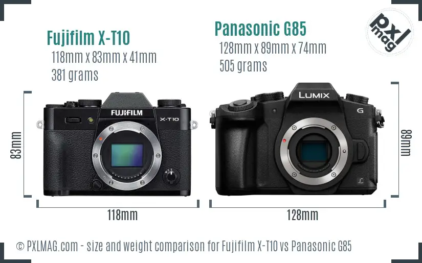 Fujifilm X-T10 vs Panasonic G85 size comparison