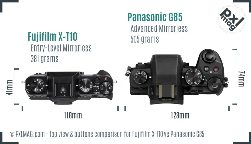 Fujifilm X-T10 vs Panasonic G85 top view buttons comparison
