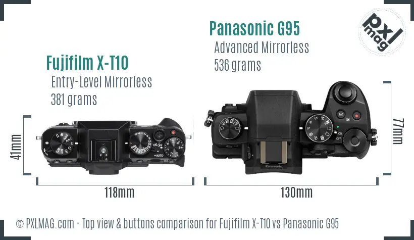 Fujifilm X-T10 vs Panasonic G95 top view buttons comparison