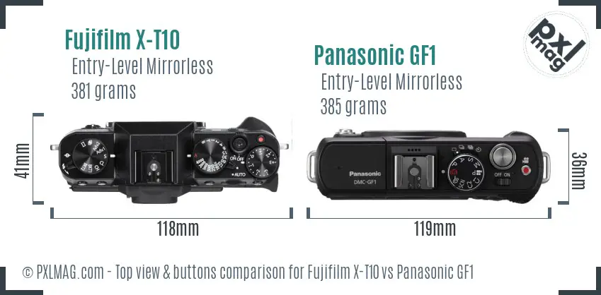 Fujifilm X-T10 vs Panasonic GF1 top view buttons comparison