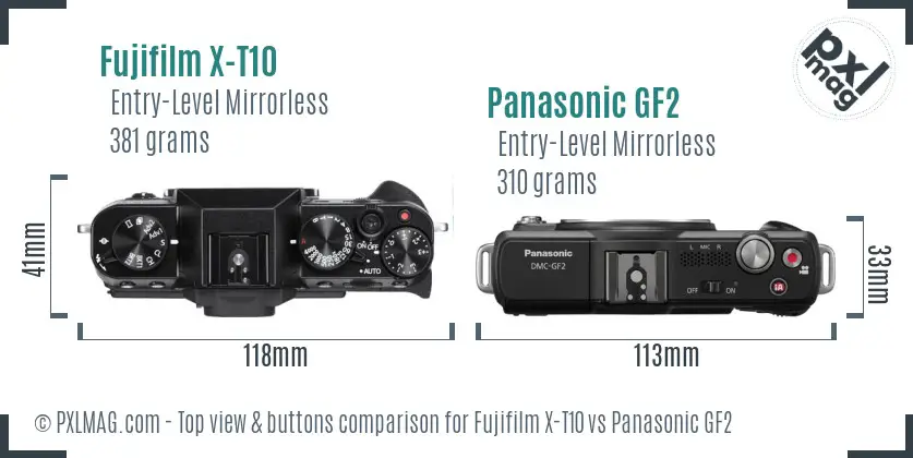 Fujifilm X-T10 vs Panasonic GF2 top view buttons comparison