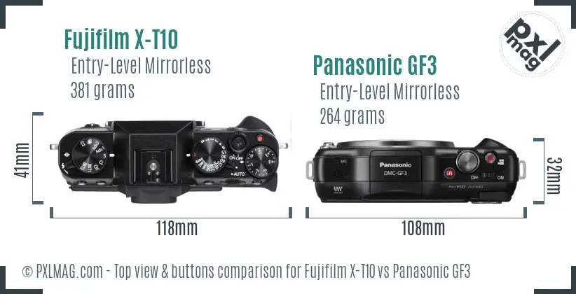 Fujifilm X-T10 vs Panasonic GF3 top view buttons comparison