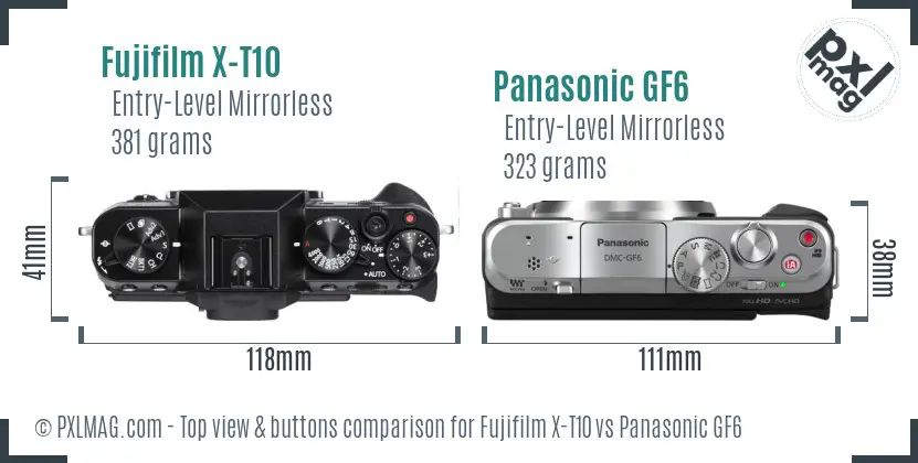 Fujifilm X-T10 vs Panasonic GF6 top view buttons comparison