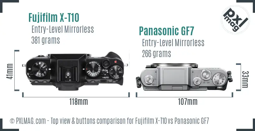 Fujifilm X-T10 vs Panasonic GF7 top view buttons comparison