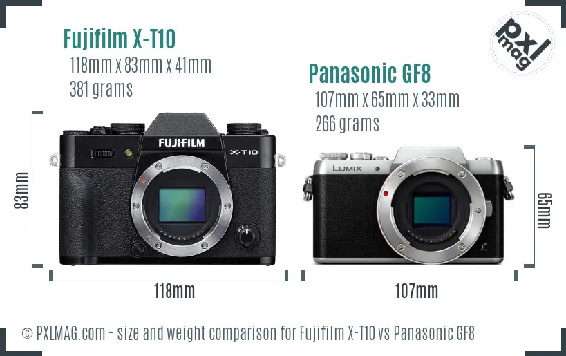 Fujifilm X-T10 vs Panasonic GF8 size comparison