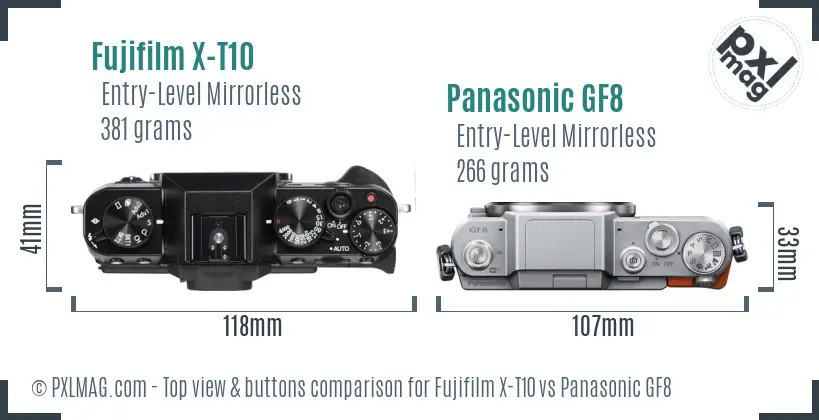 Fujifilm X-T10 vs Panasonic GF8 top view buttons comparison