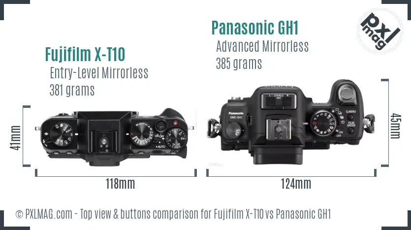 Fujifilm X-T10 vs Panasonic GH1 top view buttons comparison