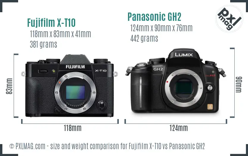 Fujifilm X-T10 vs Panasonic GH2 size comparison Fujifilm X-T10 vs Panasonic GH2 size comparison