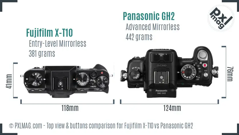 Fujifilm X-T10 vs Panasonic GH2 top view buttons comparison Fujifilm X-T10 vs Panasonic GH2 top view buttons comparison