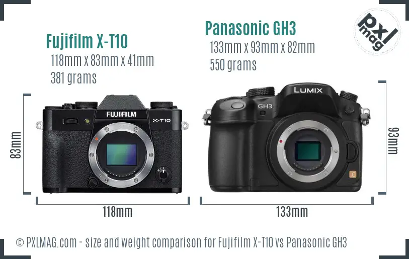 Fujifilm X-T10 vs Panasonic GH3 size comparison