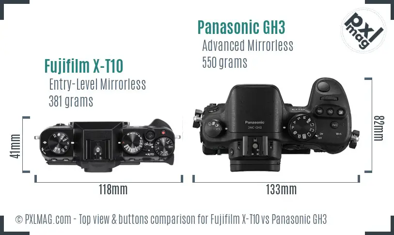 Fujifilm X-T10 vs Panasonic GH3 top view buttons comparison