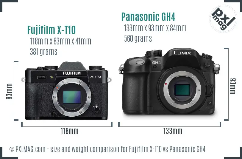 Fujifilm X-T10 vs Panasonic GH4 size comparison