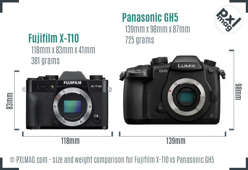 Fujifilm X-T10 vs Panasonic GH5 size comparison