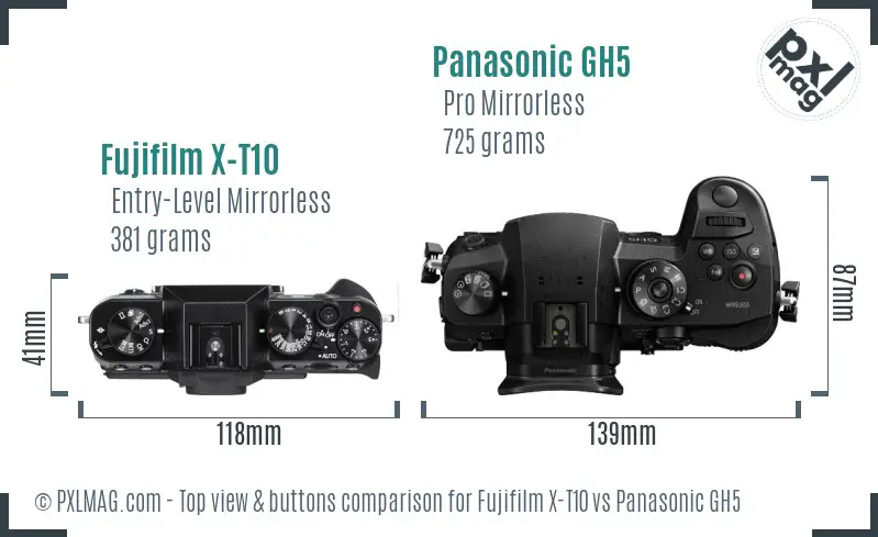 Fujifilm X-T10 vs Panasonic GH5 top view buttons comparison