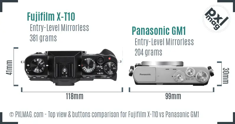 Fujifilm X-T10 vs Panasonic GM1 top view buttons comparison