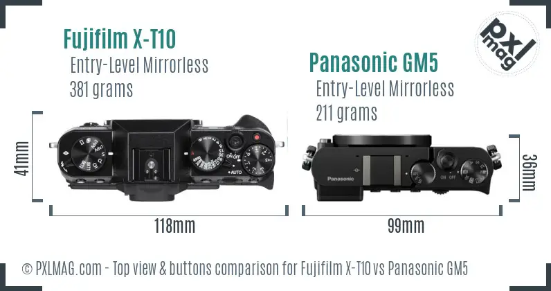 Fujifilm X-T10 vs Panasonic GM5 top view buttons comparison