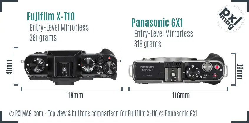 Fujifilm X-T10 vs Panasonic GX1 top view buttons comparison