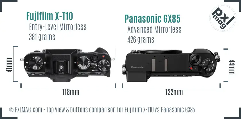 Fujifilm X-T10 vs Panasonic GX85 top view buttons comparison Fujifilm X-T10 vs Panasonic GX85 top view buttons comparison