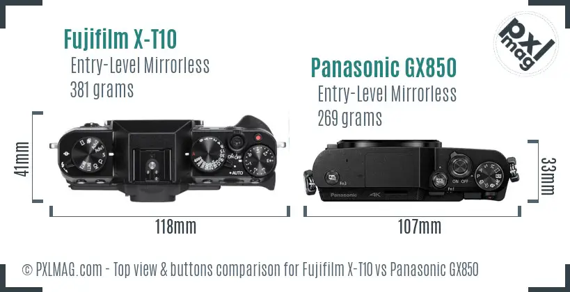 Fujifilm X-T10 vs Panasonic GX850 top view buttons comparison
