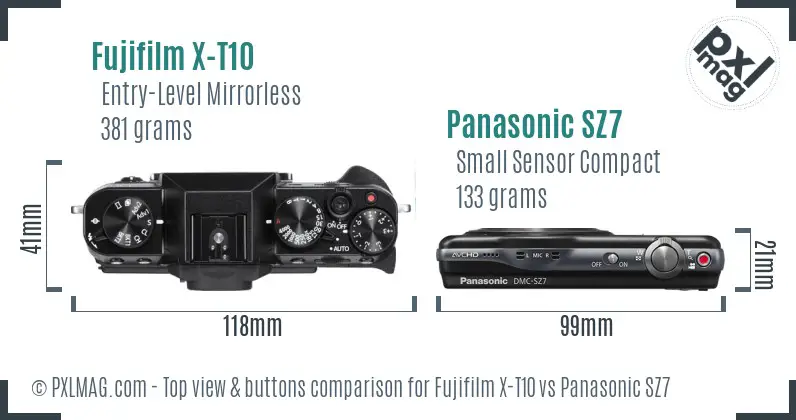 Fujifilm X-T10 vs Panasonic SZ7 top view buttons comparison