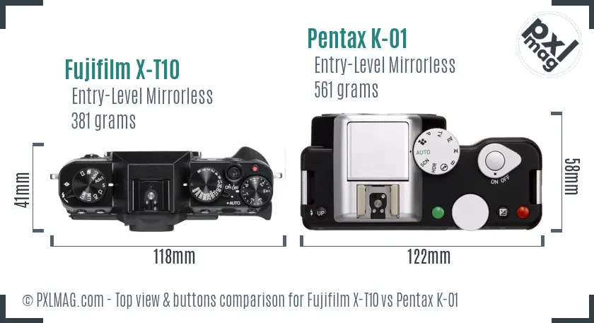 Fujifilm X-T10 vs Pentax K-01 top view buttons comparison